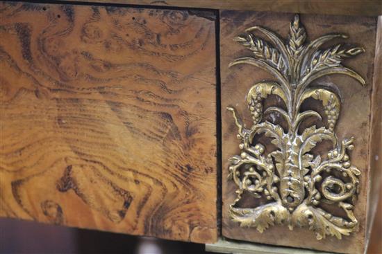 A 19th century burr elm console table with brass mounts W.113cm.